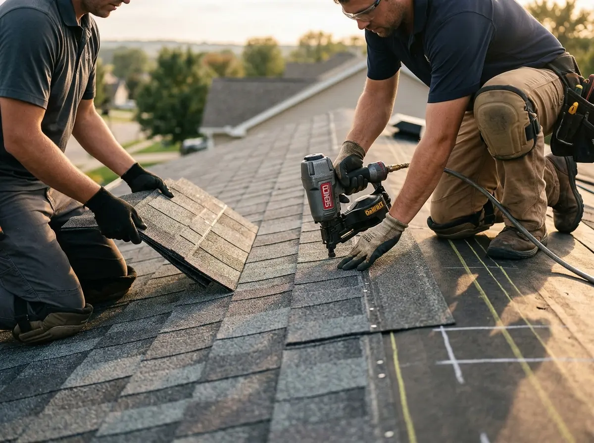 Professional roofer working on a residential roof in Argyle